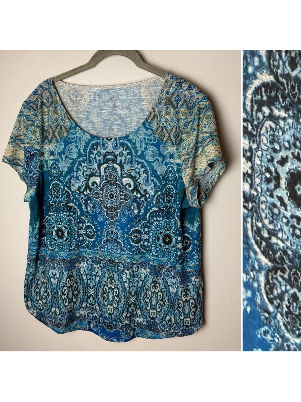 DB Dress barn Top Size XL Blue Paisley Medallion Rhinestone Boho Short Sleeves